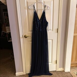 David's Bridal Blue Pleated Wrap Gown